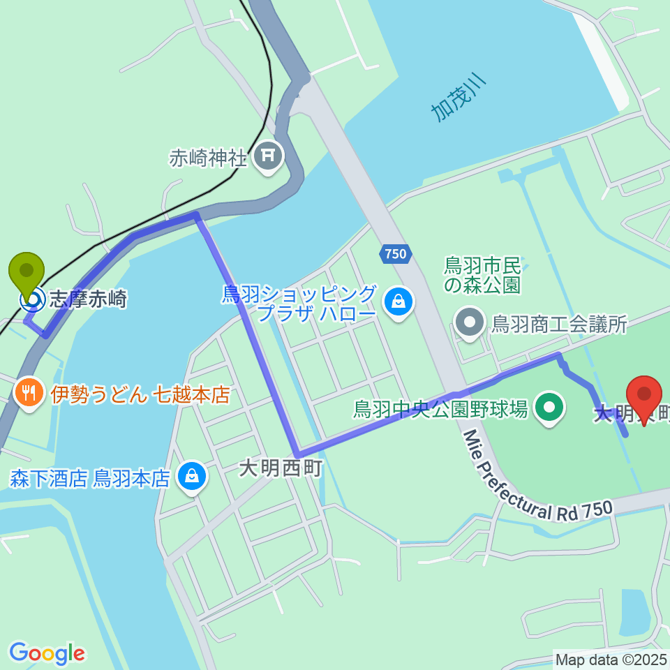 鳥羽市民体育館の最寄駅志摩赤崎駅からの徒歩ルート（約15分）地図