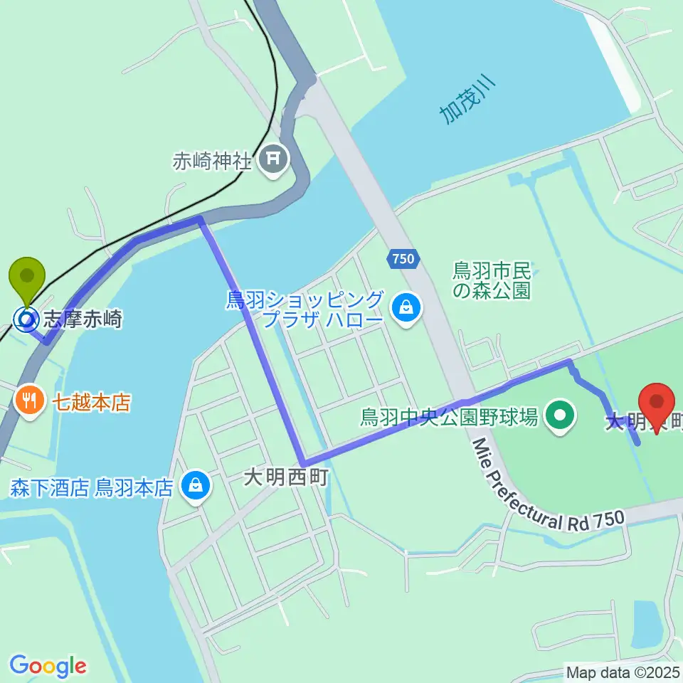 鳥羽市民体育館の最寄駅志摩赤崎駅からの徒歩ルート（約15分）地図