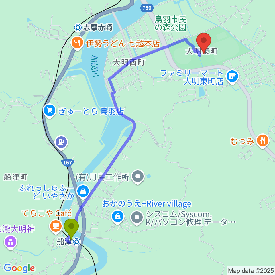 船津駅から鳥羽市民体育館へのルートマップ地図