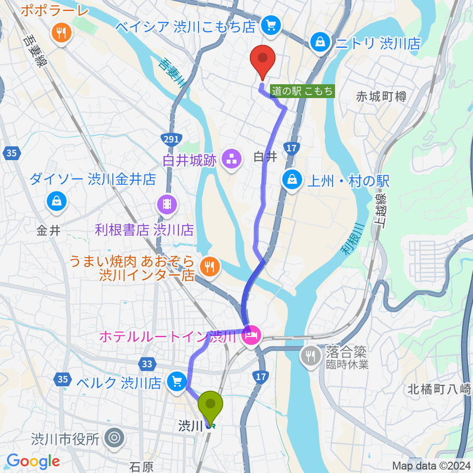 JESCOアリーナ渋川の最寄駅渋川駅からの徒歩ルート（約45分）地図