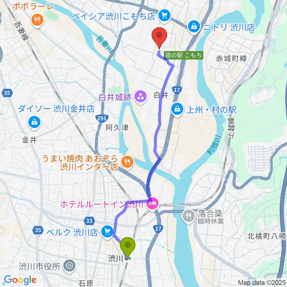 JESCOアリーナ渋川の最寄駅渋川駅からの徒歩ルート（約45分）地図