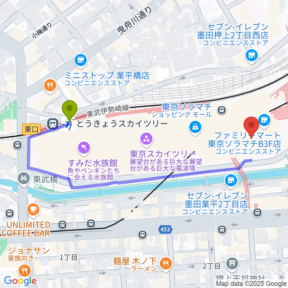 とうきょうスカイツリー駅から郵政博物館へのルートマップ地図