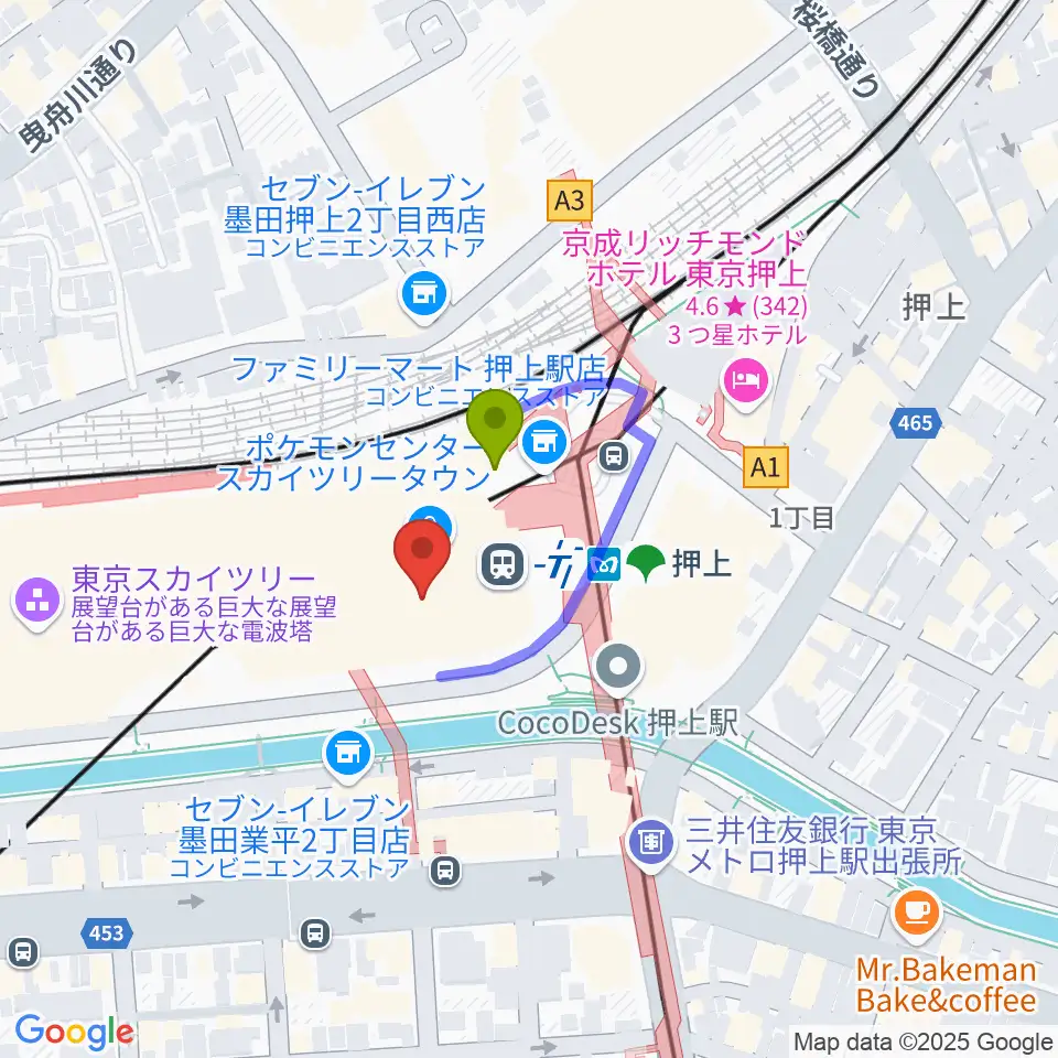 郵政博物館の最寄駅押上〈スカイツリー前〉駅からの徒歩ルート（約1分）地図