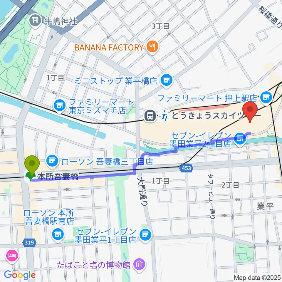 本所吾妻橋駅から郵政博物館へのルートマップ地図