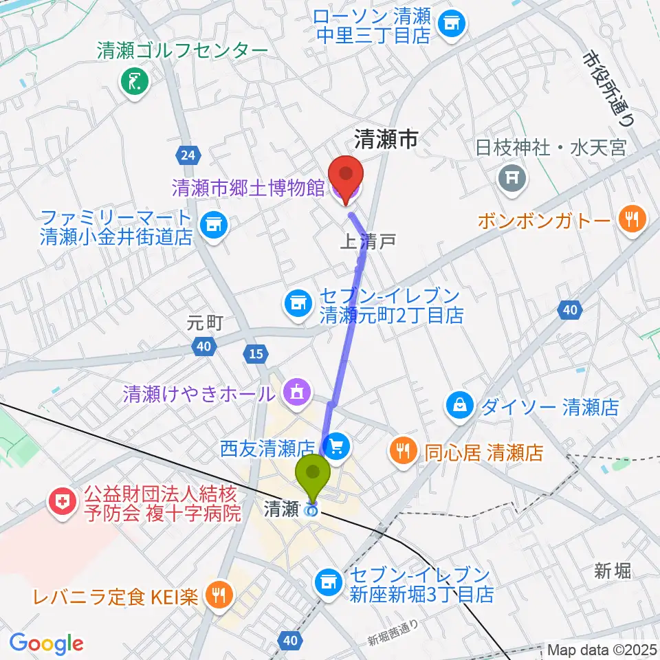 清瀬市郷土博物館の最寄駅清瀬駅からの徒歩ルート（約14分）地図