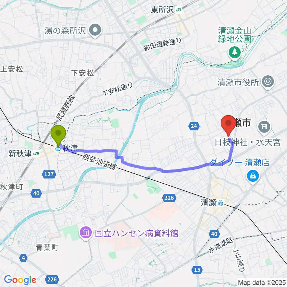 秋津駅から清瀬市郷土博物館へのルートマップ地図