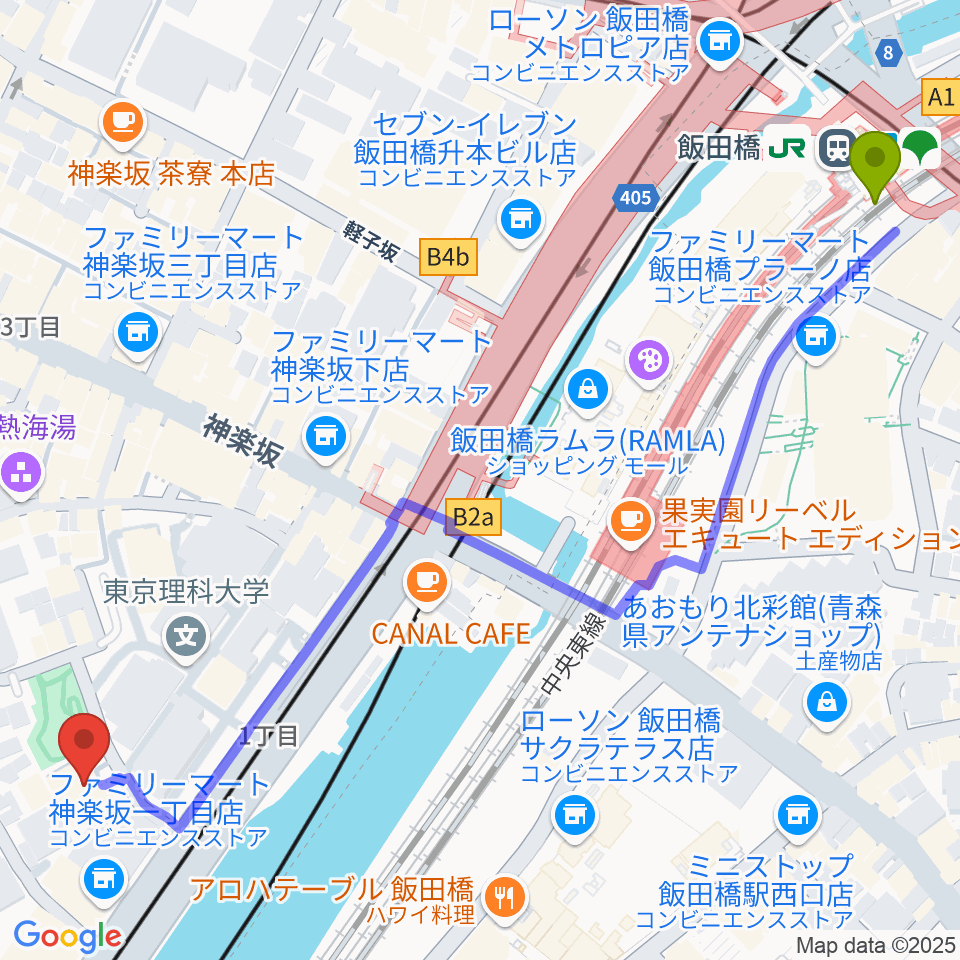 東京理科大学 近代科学資料館の最寄駅飯田橋駅からの徒歩ルート（約8分）地図