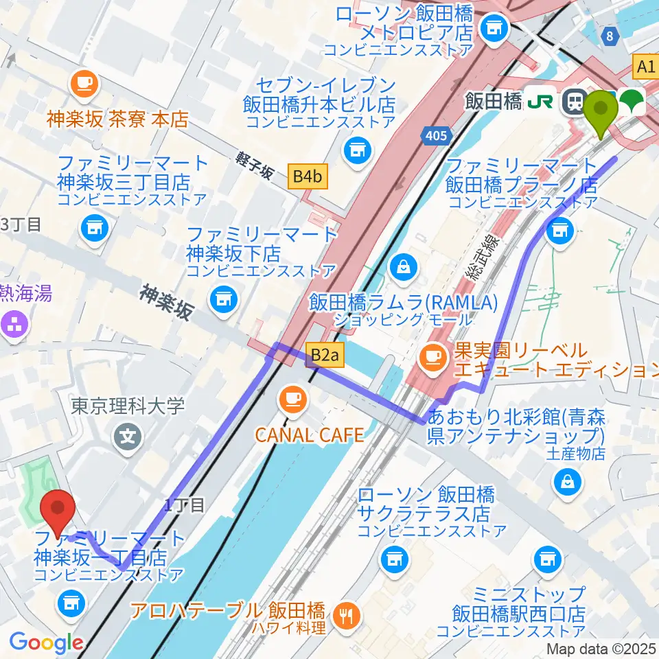 東京理科大学 近代科学資料館の最寄駅飯田橋駅からの徒歩ルート（約8分）地図