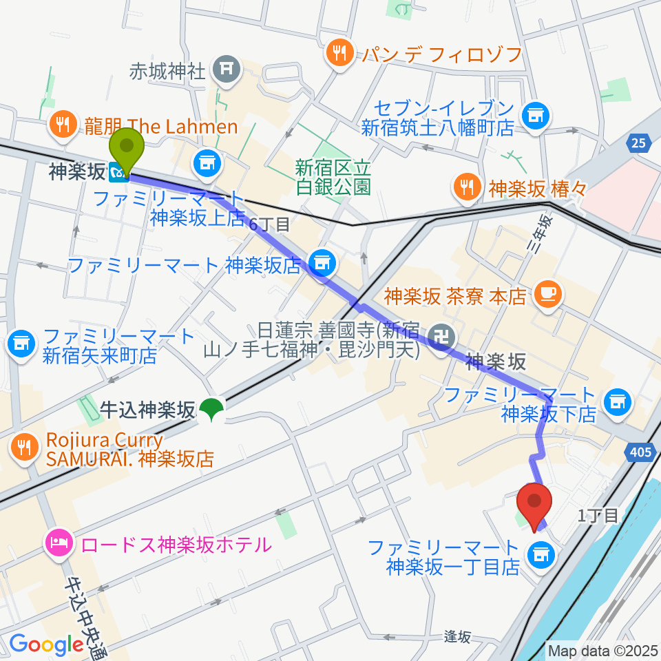 神楽坂駅から東京理科大学 近代科学資料館へのルートマップ地図