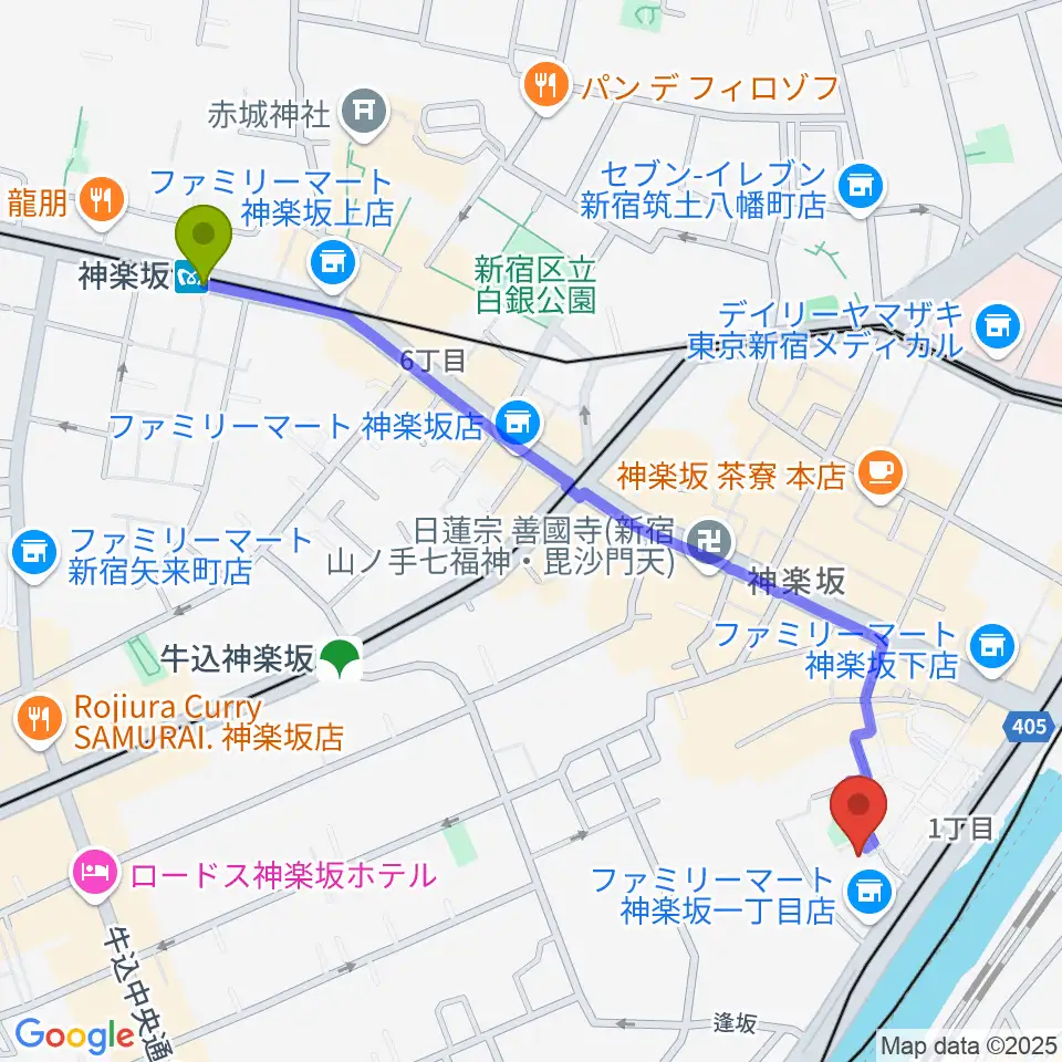 神楽坂駅から東京理科大学 近代科学資料館へのルートマップ地図