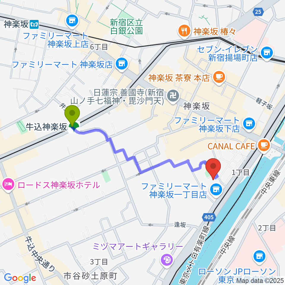 牛込神楽坂駅から東京理科大学 近代科学資料館へのルートマップ地図