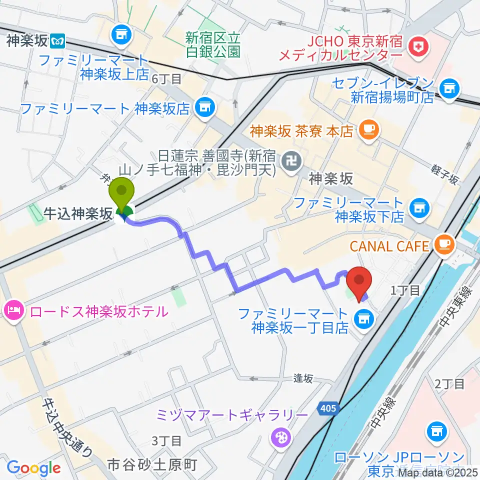 牛込神楽坂駅から東京理科大学 近代科学資料館へのルートマップ地図