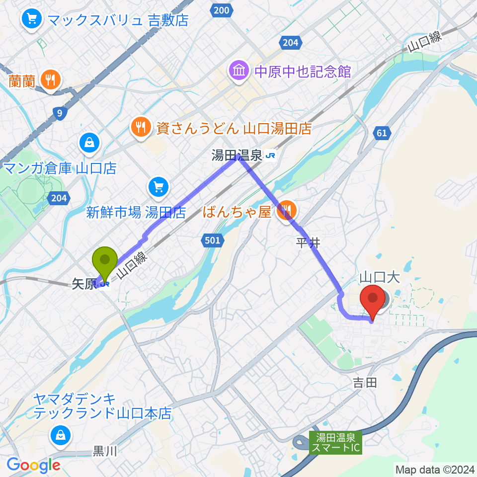 矢原駅から山口大学埋蔵文化財資料館へのルートマップ地図