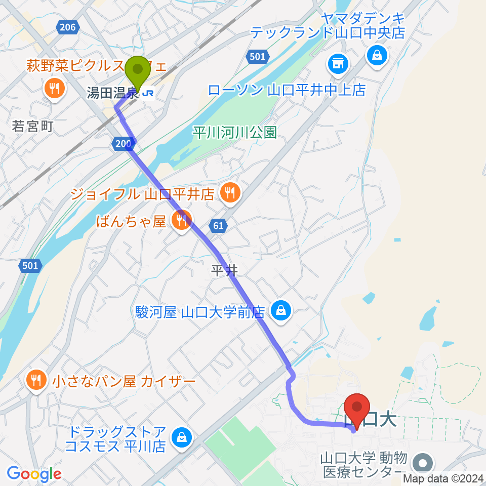 山口大学埋蔵文化財資料館の最寄駅湯田温泉駅からの徒歩ルート（約26分）地図