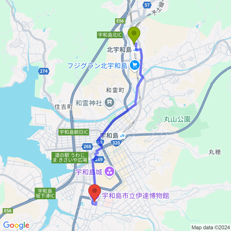 北宇和島駅から宇和島市立伊達博物館へのルートマップ地図