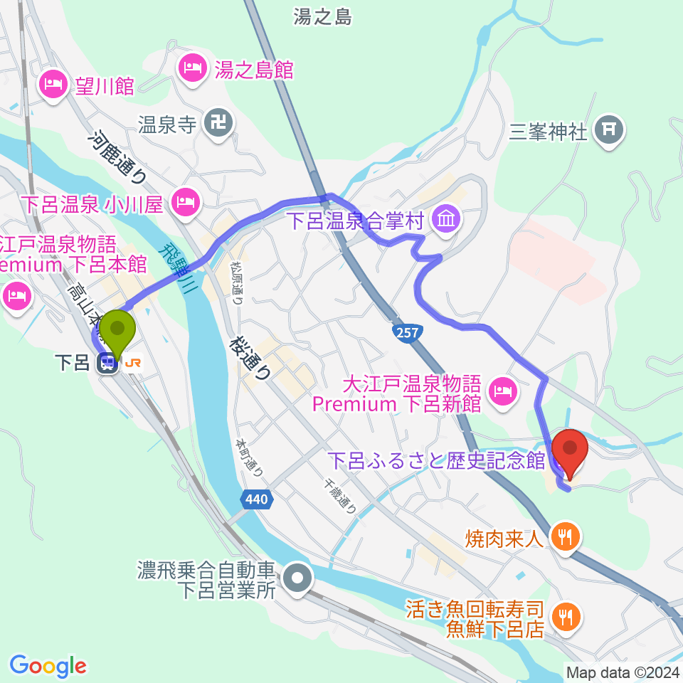 下呂ふるさと歴史記念館の最寄駅下呂駅からの徒歩ルート（約21分）地図