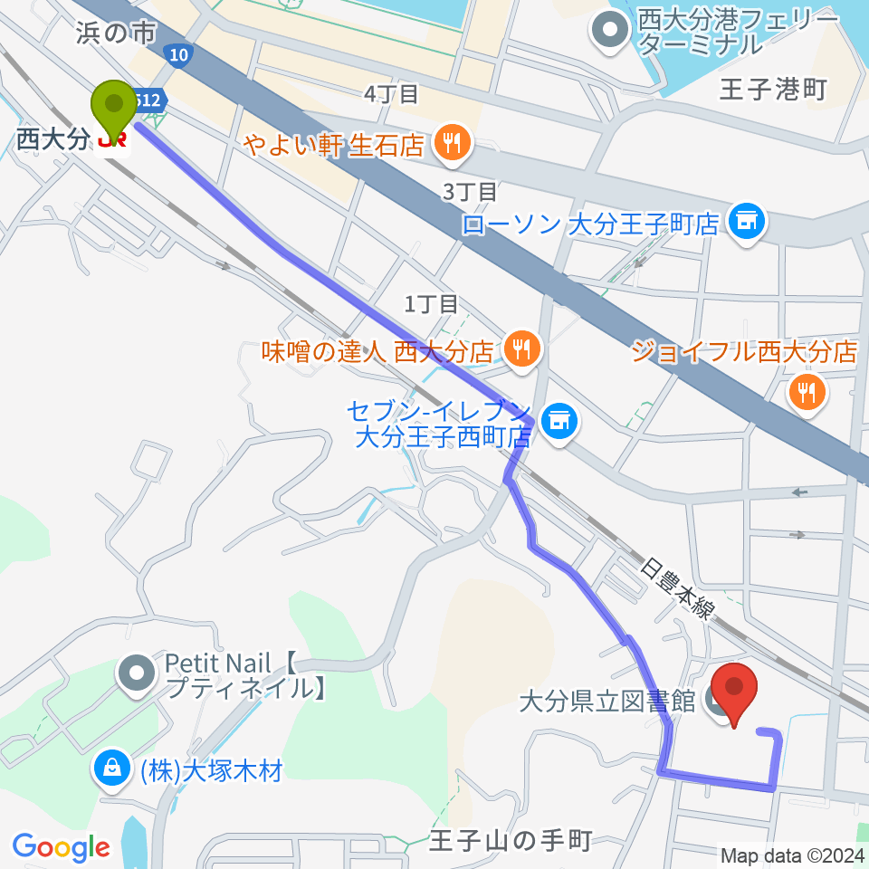 大分県立先哲史料館の最寄駅西大分駅からの徒歩ルート（約16分）地図