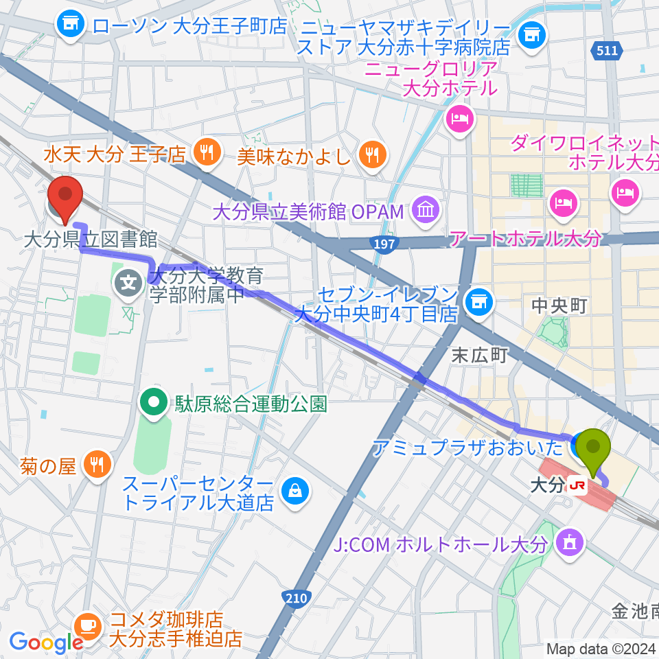 大分駅から大分県立先哲史料館へのルートマップ地図