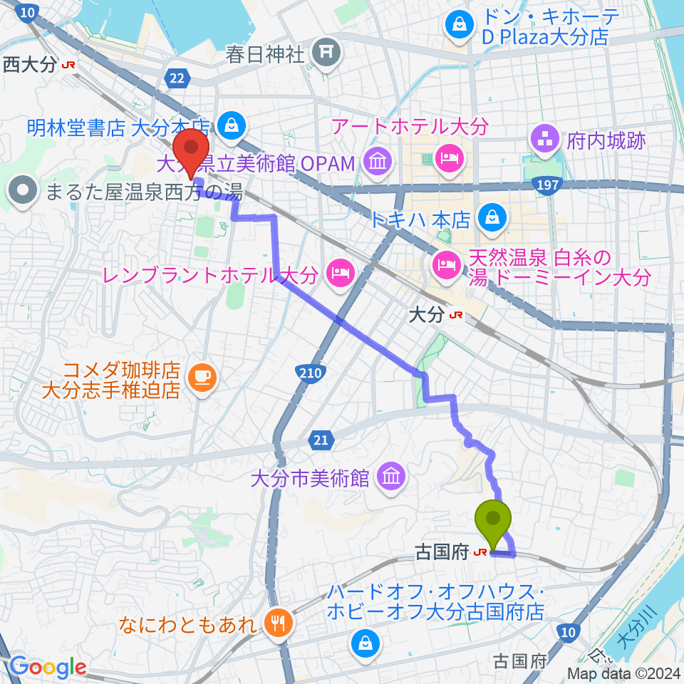 古国府駅から大分県立先哲史料館へのルートマップ地図