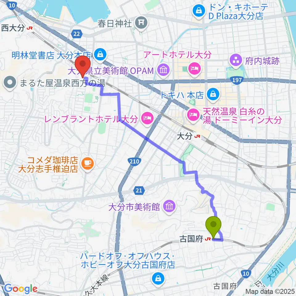 古国府駅から大分県立先哲史料館へのルートマップ地図