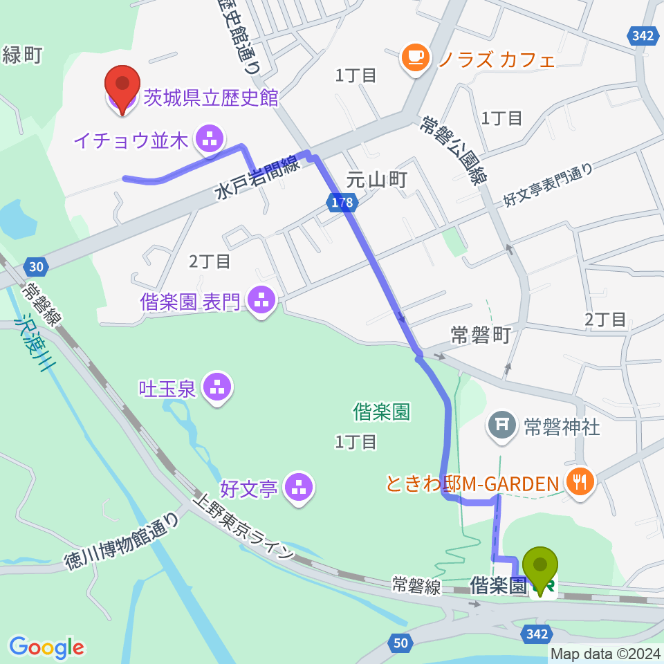 茨城県立歴史館の最寄駅偕楽園駅からの徒歩ルート（約15分）地図