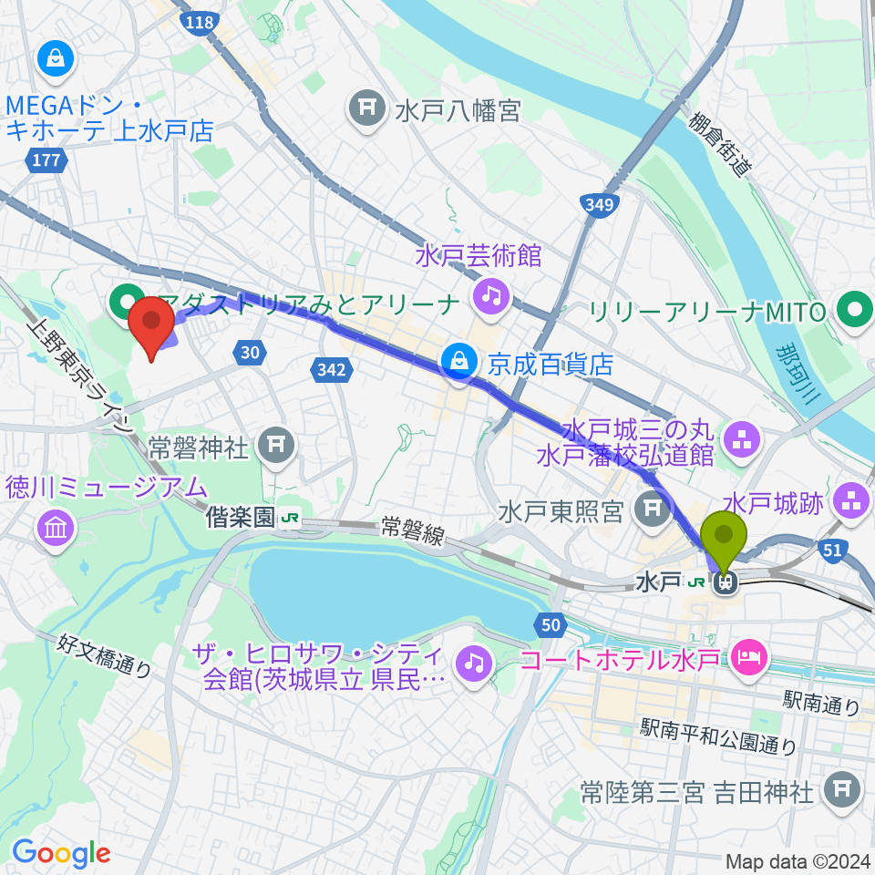 水戸駅から茨城県立歴史館へのルートマップ地図