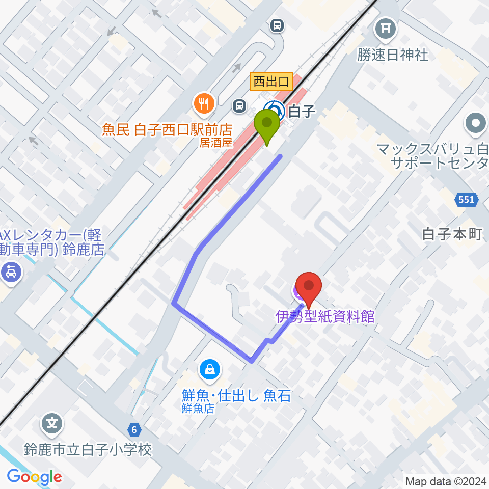 伊勢型紙資料館の最寄駅白子駅からの徒歩ルート（約3分）地図