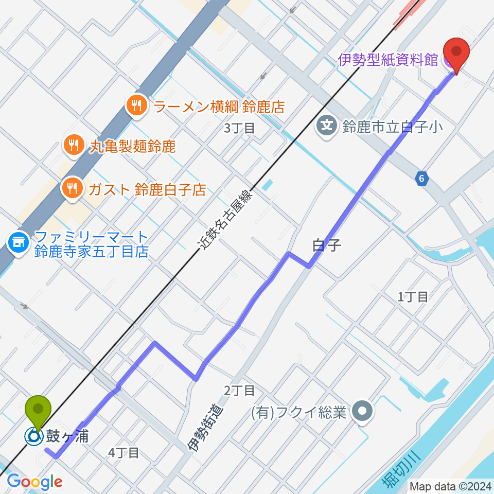 鼓ヶ浦駅から伊勢型紙資料館へのルートマップ地図