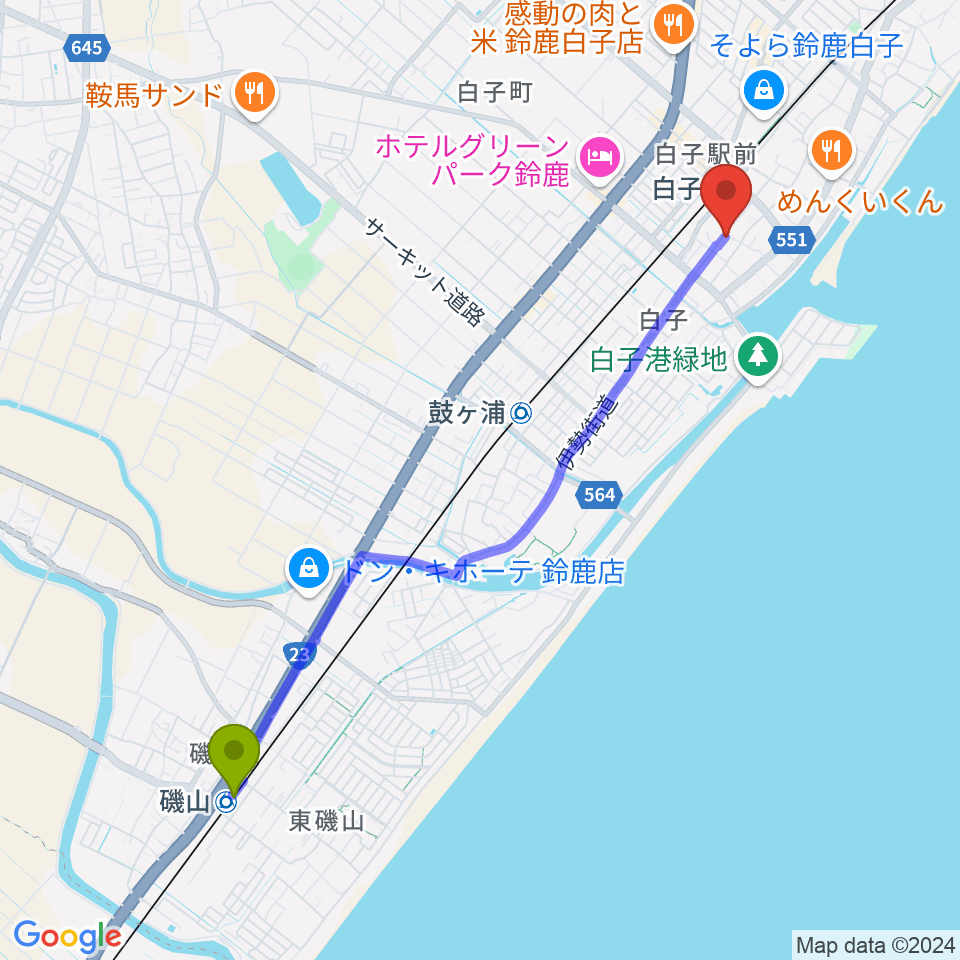 磯山駅から伊勢型紙資料館へのルートマップ地図