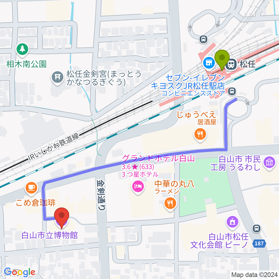 白山市立博物館の最寄駅松任駅からの徒歩ルート（約6分）地図