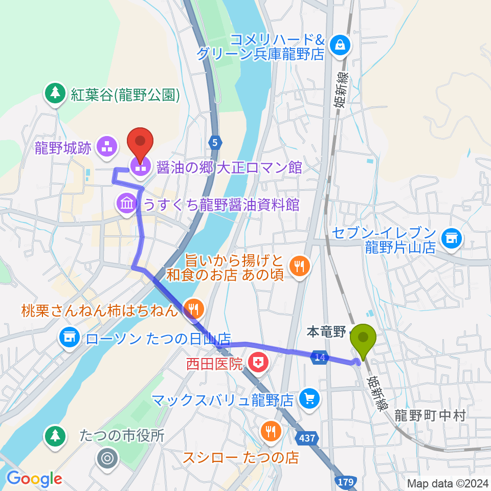 たつの市立龍野歴史文化資料館の最寄駅本竜野駅からの徒歩ルート（約19分）地図