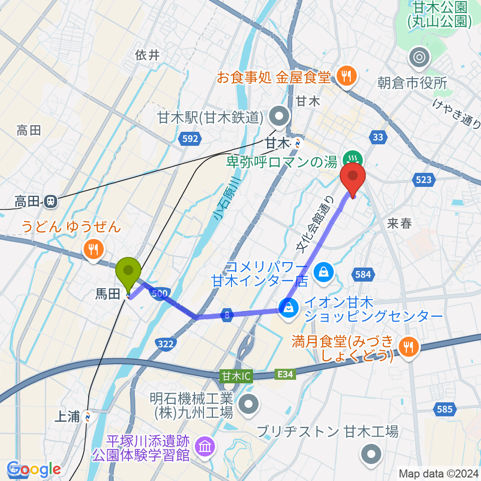 馬田駅から甘木歴史資料館へのルートマップ地図