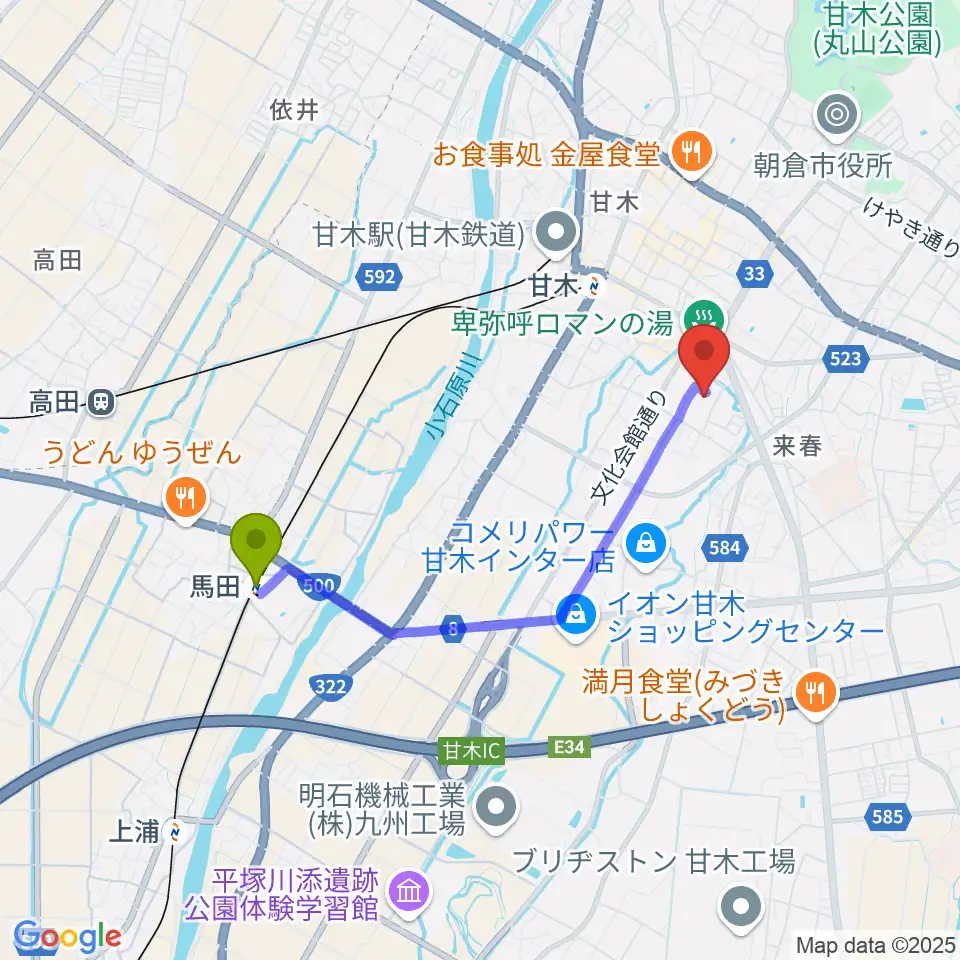 馬田駅から甘木歴史資料館へのルートマップ地図