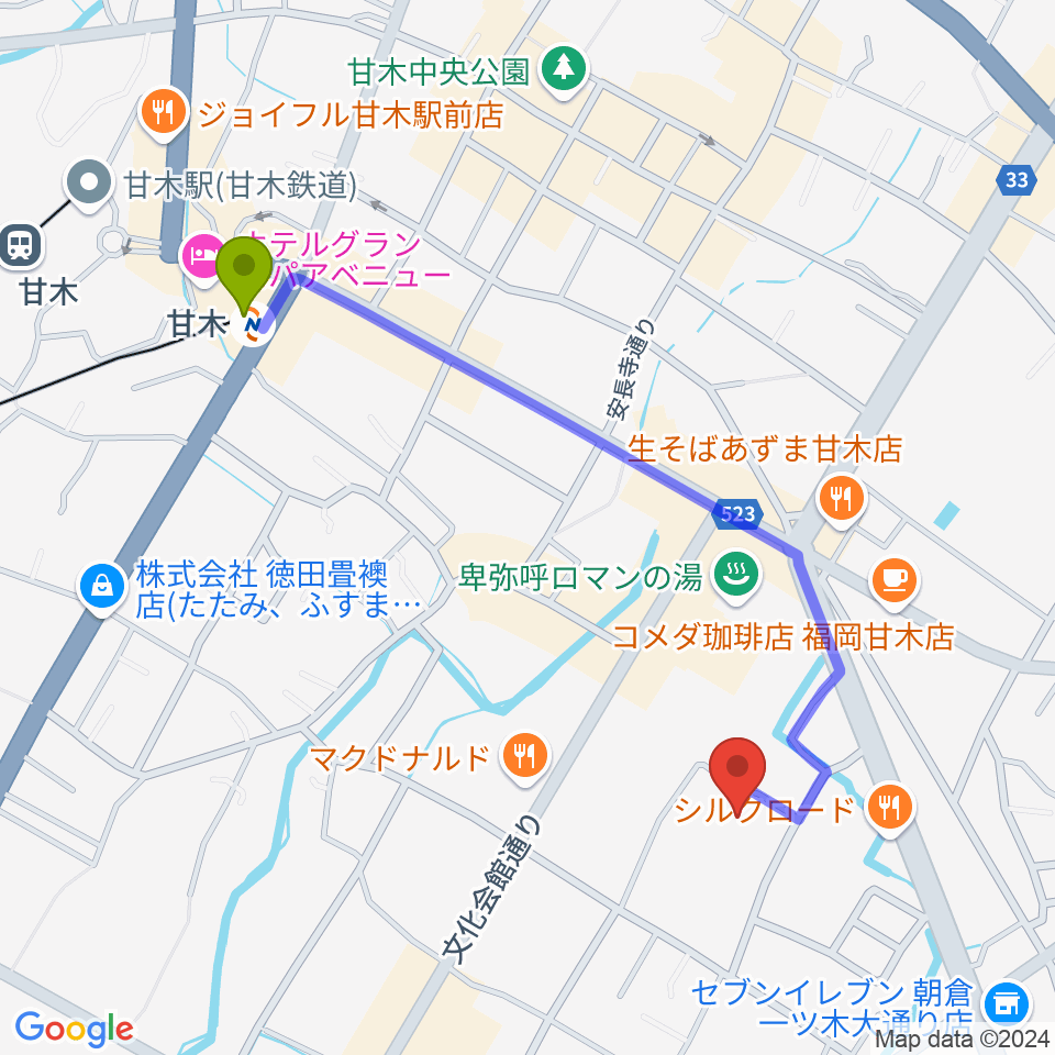 甘木歴史資料館の最寄駅甘木駅からの徒歩ルート（約11分）地図