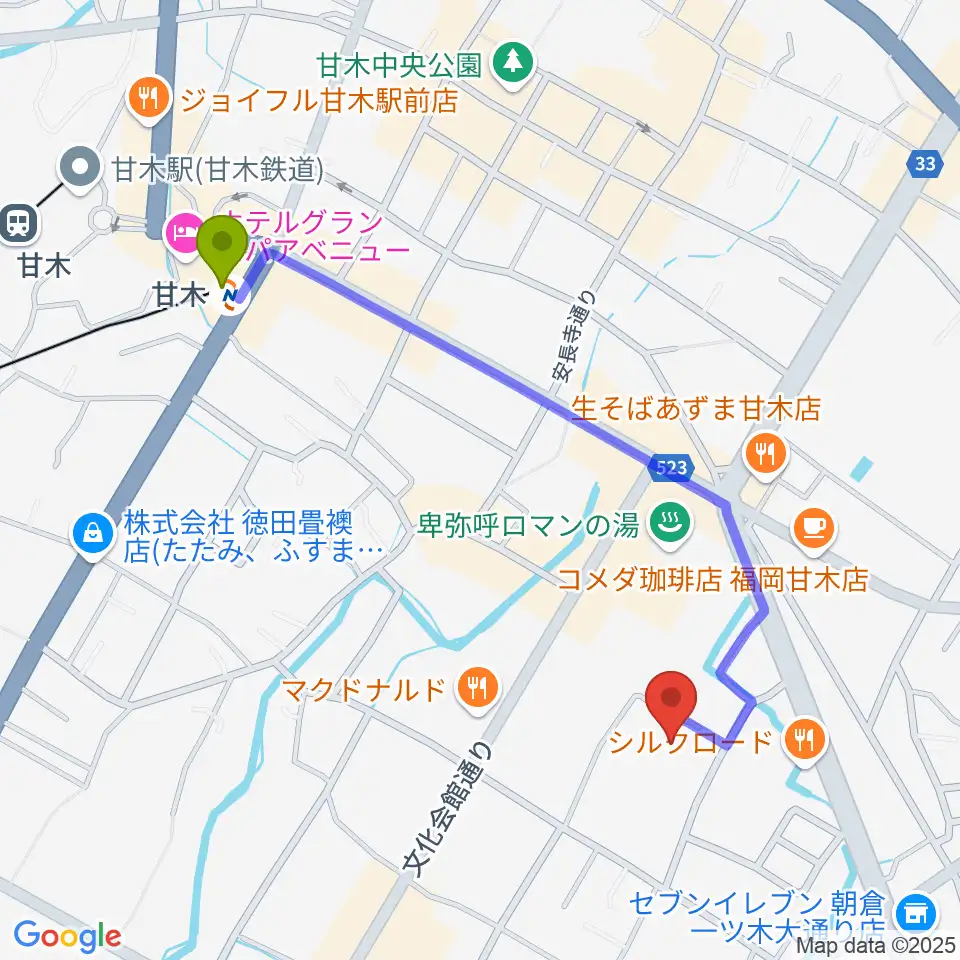 甘木歴史資料館の最寄駅甘木駅からの徒歩ルート（約11分）地図