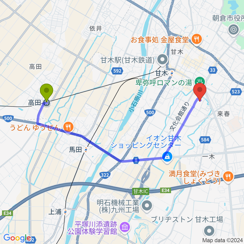 高田駅から甘木歴史資料館へのルートマップ地図