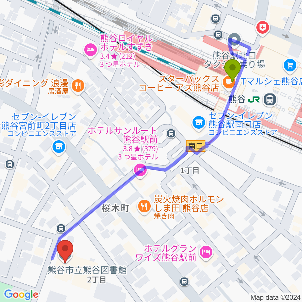 熊谷図書館 美術・郷土資料展示室の最寄駅熊谷駅からの徒歩ルート（約6分）地図