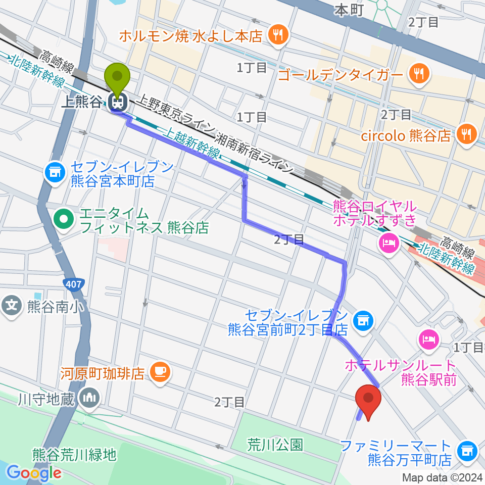 上熊谷駅から熊谷図書館 美術・郷土資料展示室へのルートマップ地図