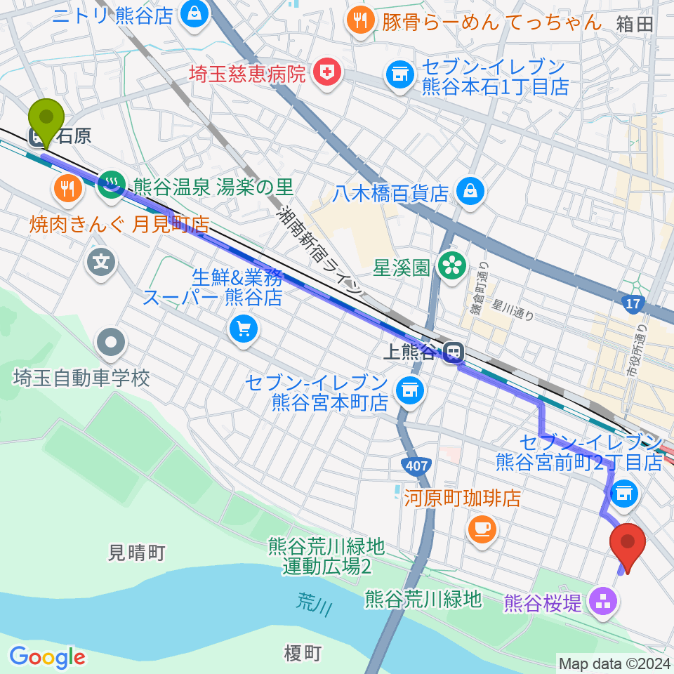 石原駅から熊谷図書館 美術・郷土資料展示室へのルートマップ地図