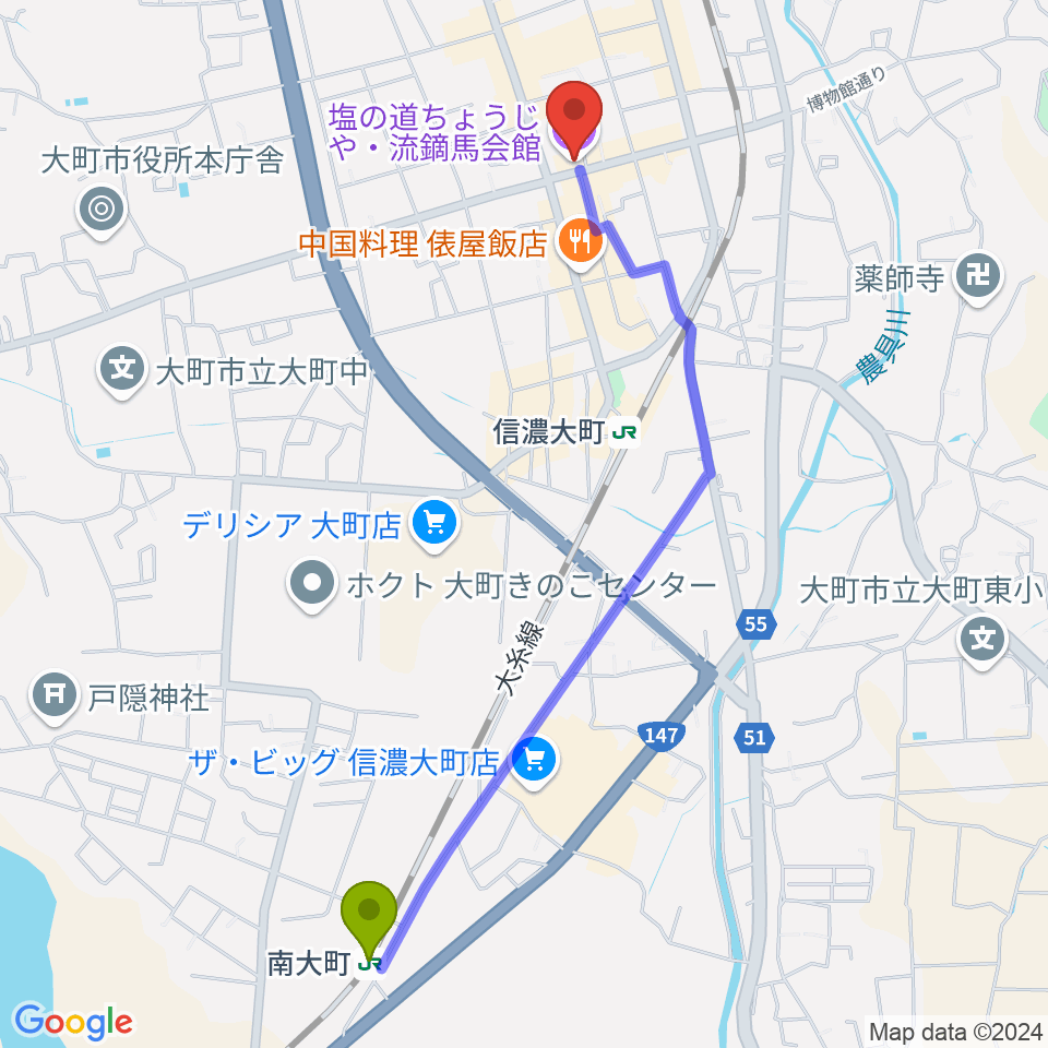 南大町駅から塩の道ちょうじやへのルートマップ地図