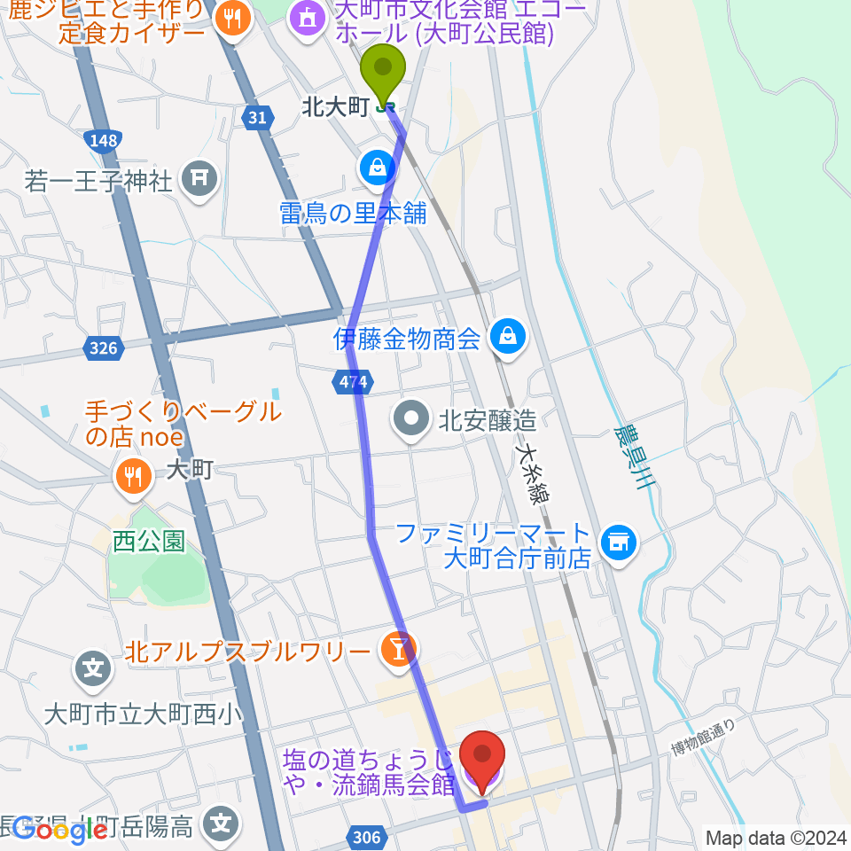 北大町駅から塩の道ちょうじやへのルートマップ地図