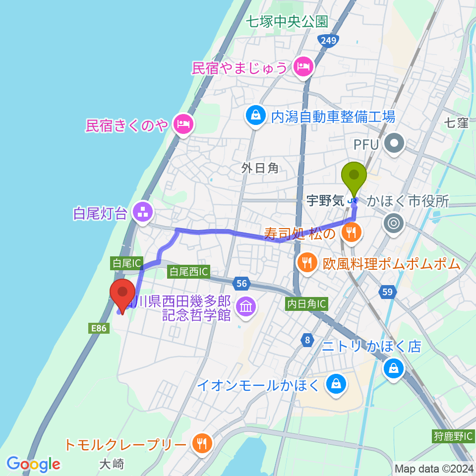 海と渚の博物館の最寄駅宇野気駅からの徒歩ルート（約33分）地図