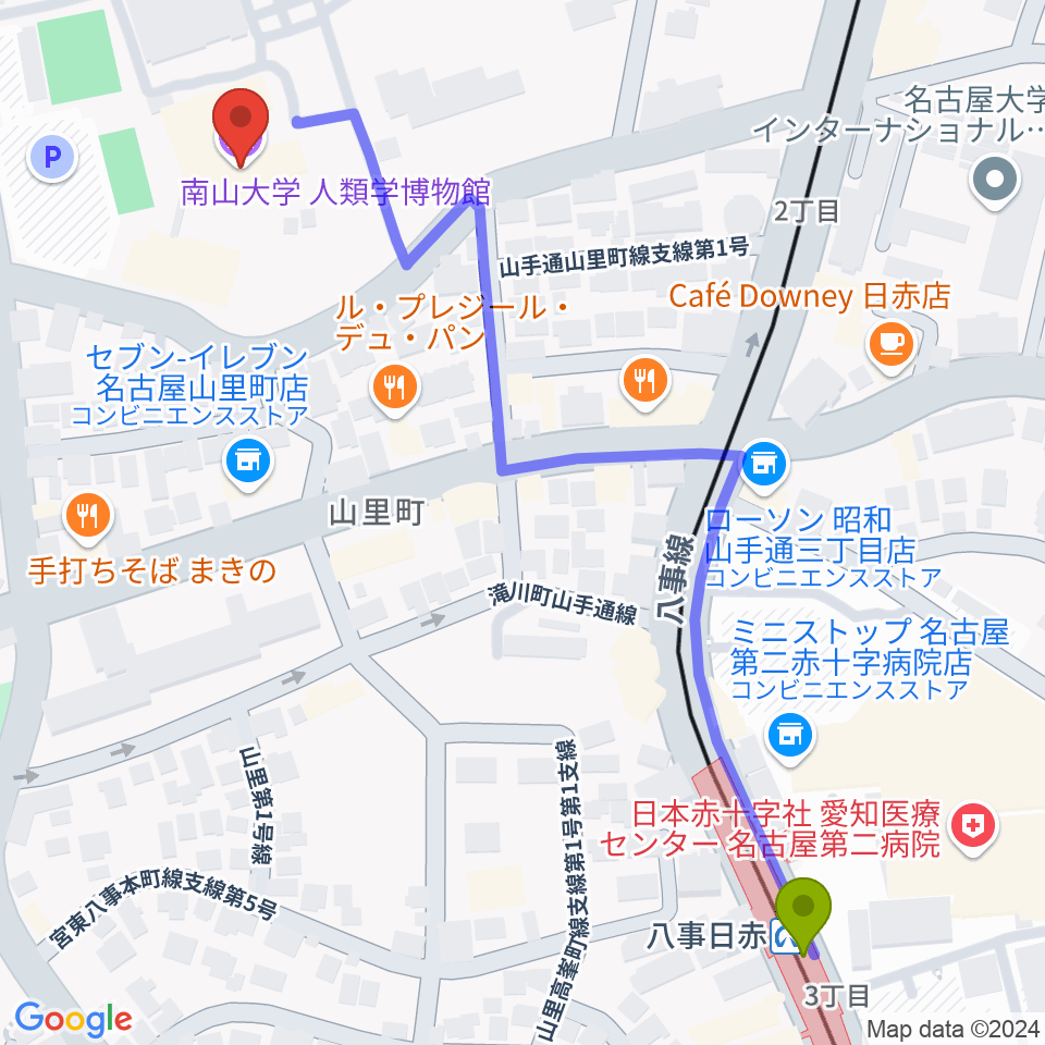 南山大学人類学博物館の最寄駅八事日赤駅からの徒歩ルート（約7分）地図