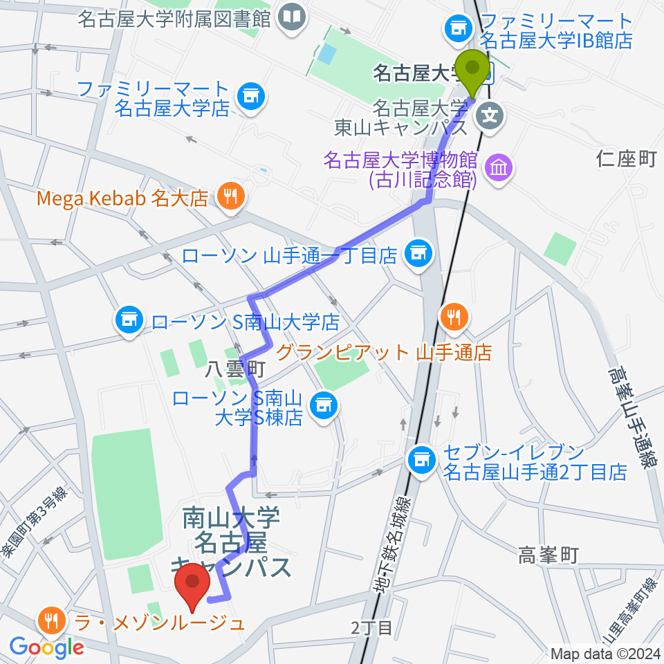 名古屋大学駅から南山大学人類学博物館へのルートマップ地図