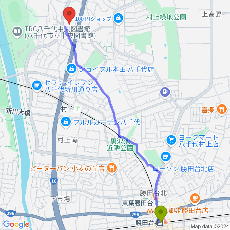 勝田台駅から八千代市立郷土博物館へのルートマップ地図