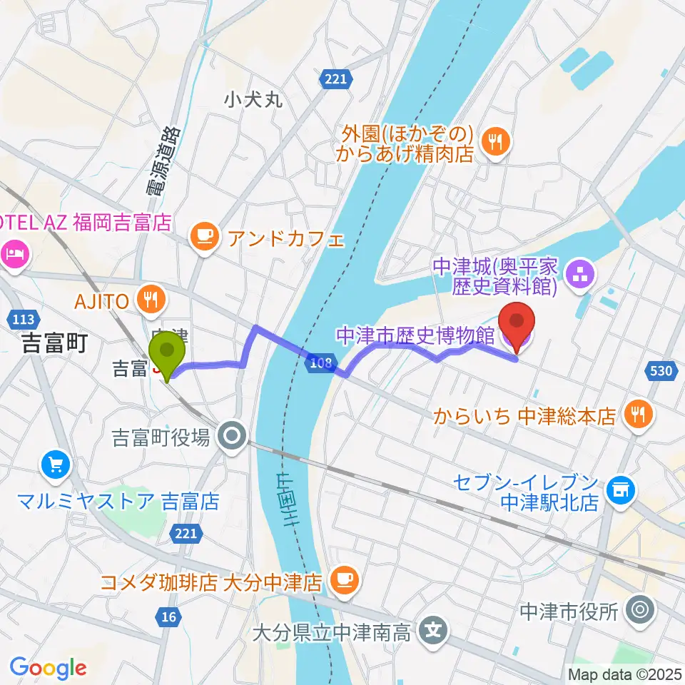 吉富駅から中津市歴史博物館へのルートマップ地図