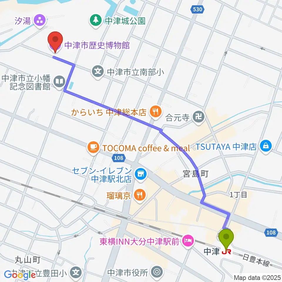 中津市歴史博物館の最寄駅中津駅からの徒歩ルート（約15分）地図