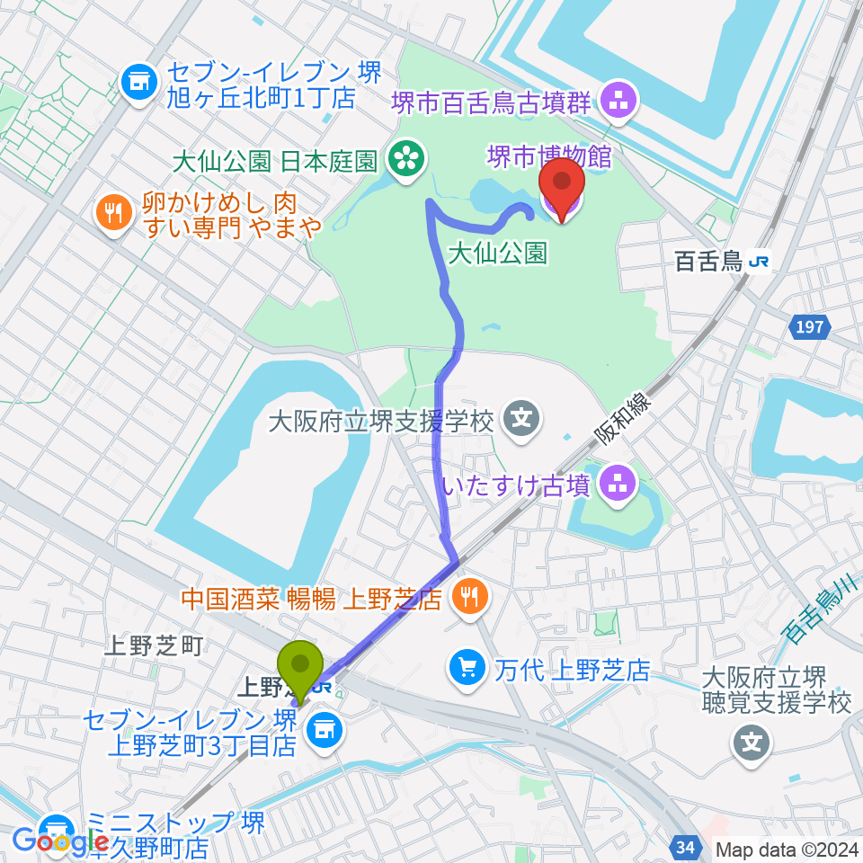 上野芝駅から堺市博物館へのルートマップ地図