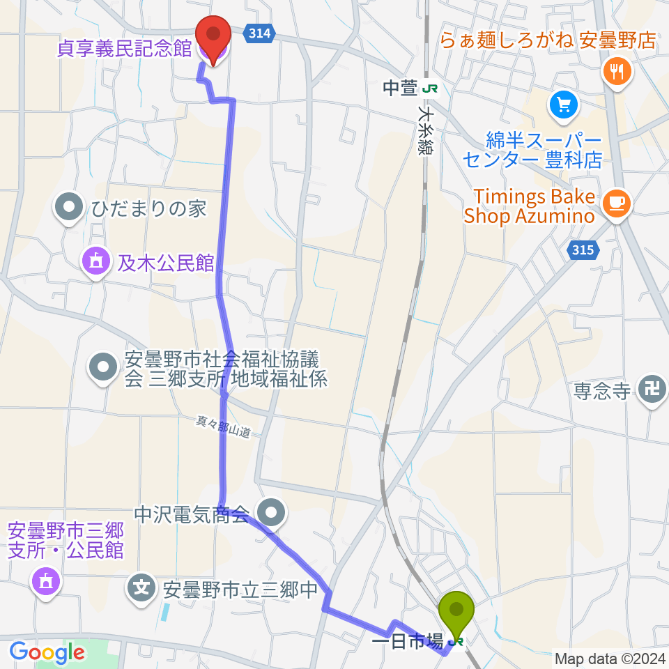 一日市場駅から貞享義民記念館へのルートマップ地図