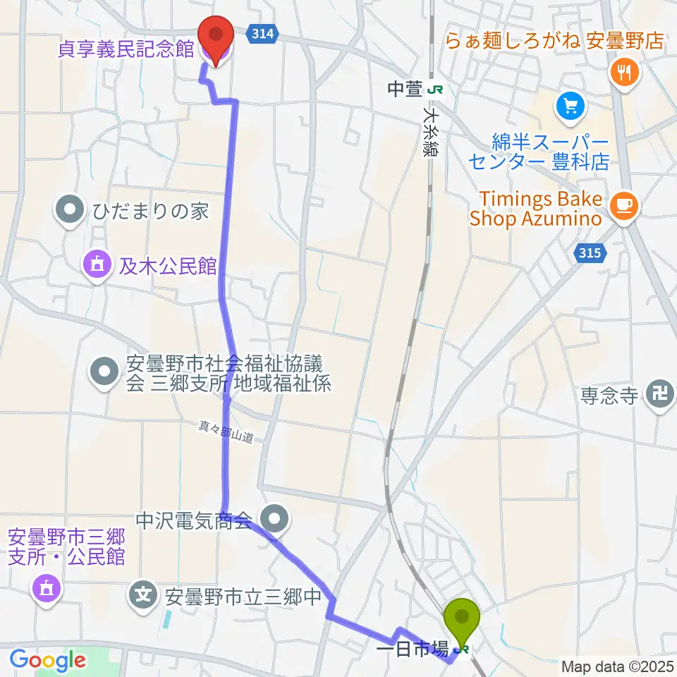 一日市場駅から貞享義民記念館へのルートマップ地図